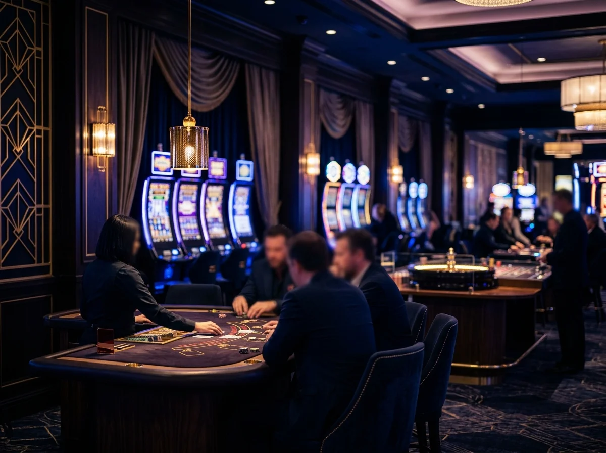 Premium Mad Casino gaming lounge with gold and purple accent lighting