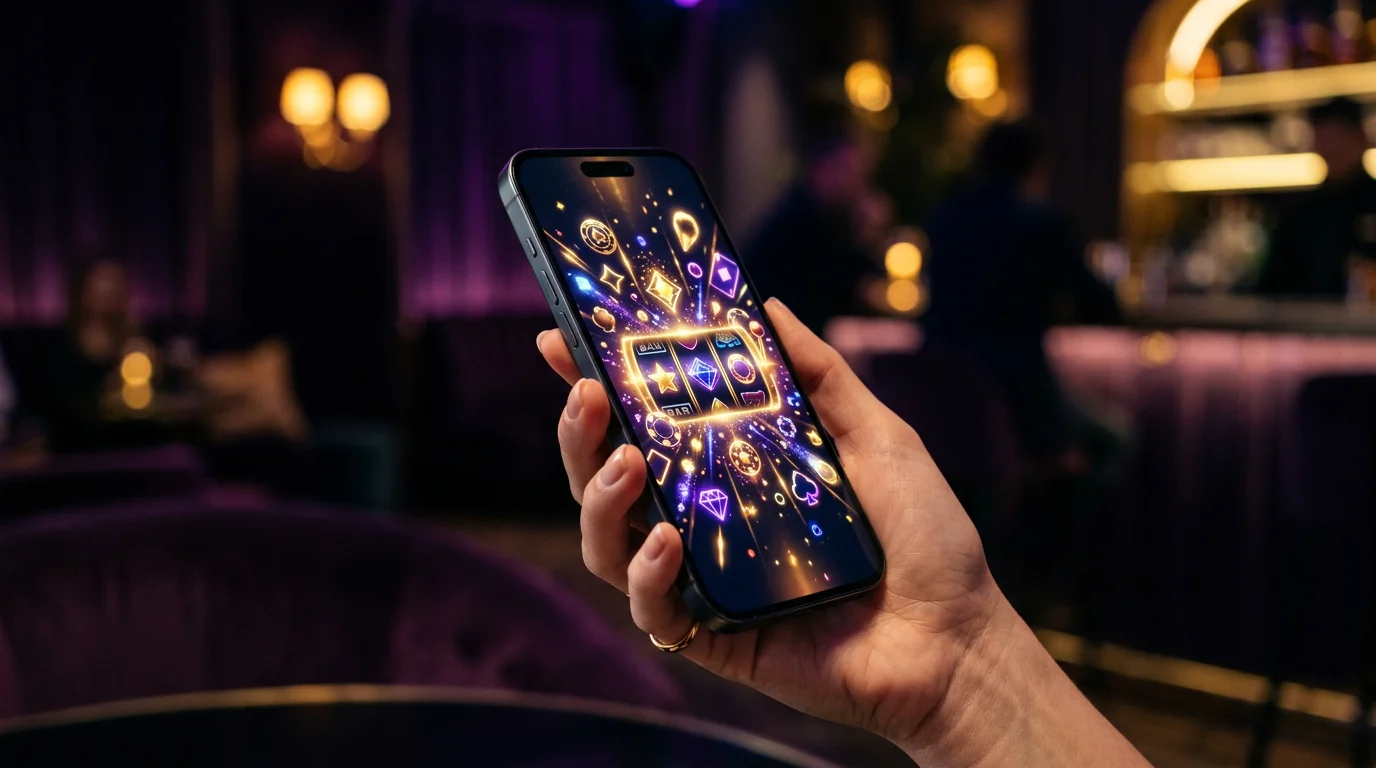 Hand holding a smartphone showing an abstract casino interface