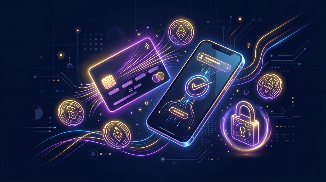 Modern abstract illustration of digital payment methods including card, mobile and cryptocurrency